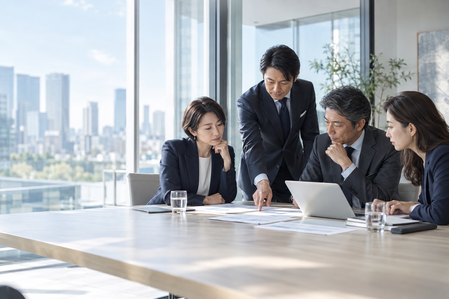 明るい会議室で資料を一緒に確認する4人のビジネスパーソン